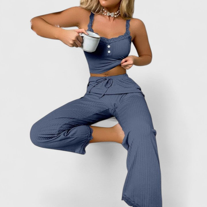 Damen Pyjama-Set Gerippt mit Spitze Elegant