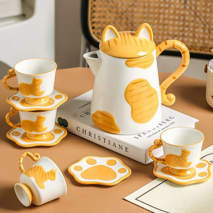 Handgefertigtes Keramik Kaffee- und Teeset Orange Katze Dekor