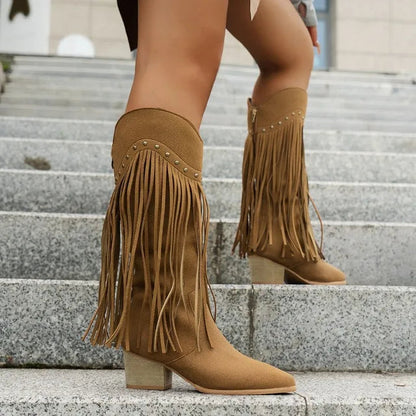 Kniehohe Cowboystiefel Rutschfest Spitze Heidi Stil