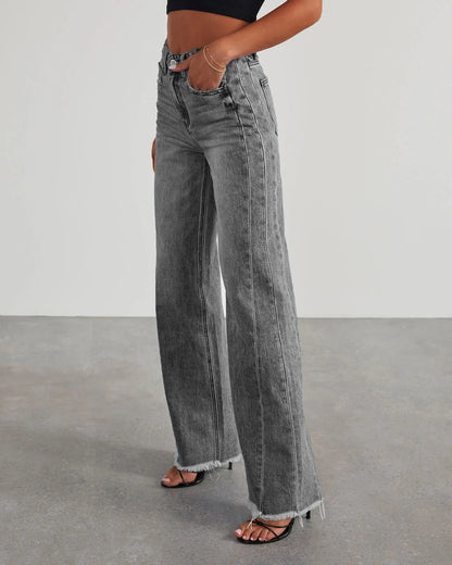 Damen Jeans Weitbein Grau Raw Hem Damenschuhe