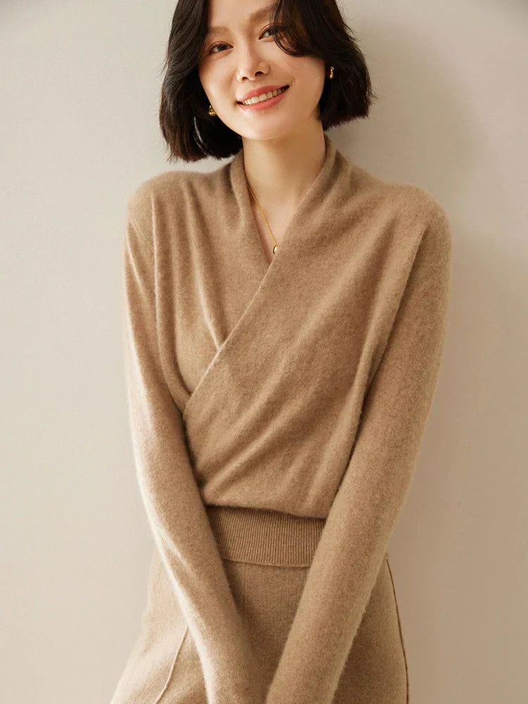 Damen Wickelpullover Elegantes Überkreuzdesign Modern
