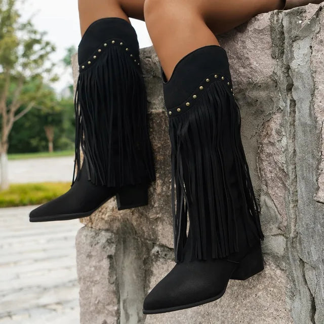 Kniehohe Cowboystiefel Rutschfest Spitze Heidi Stil