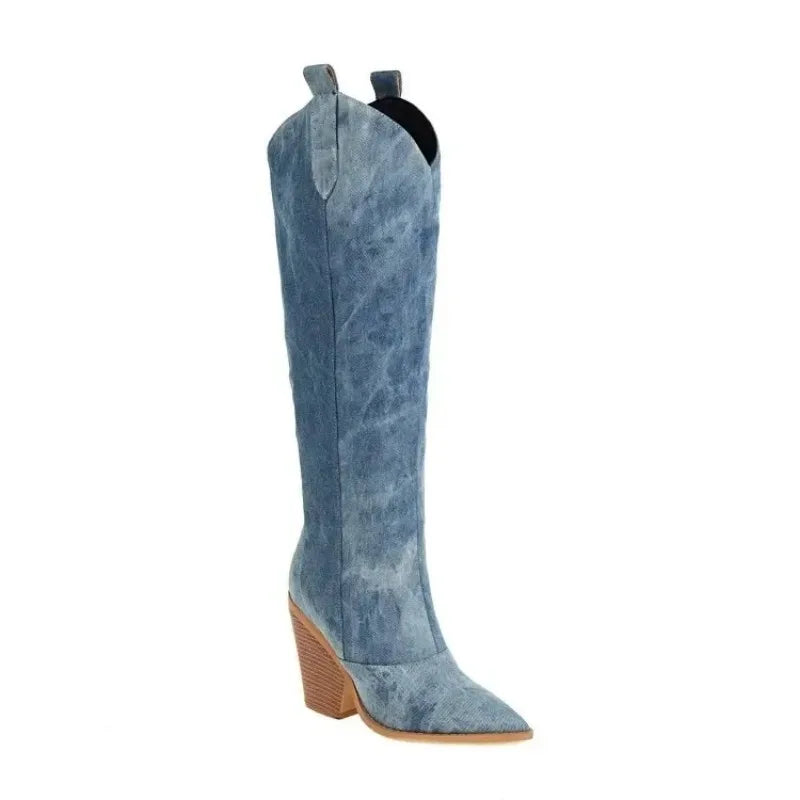 Hohe Denim Stiefel Knielang Damen Schuhe