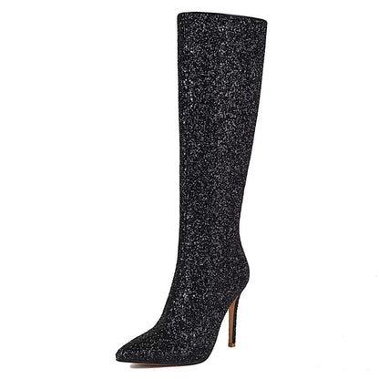 Glitzer Stiefel Kniehoch mit Stilettoabsatz und Spitze Damen