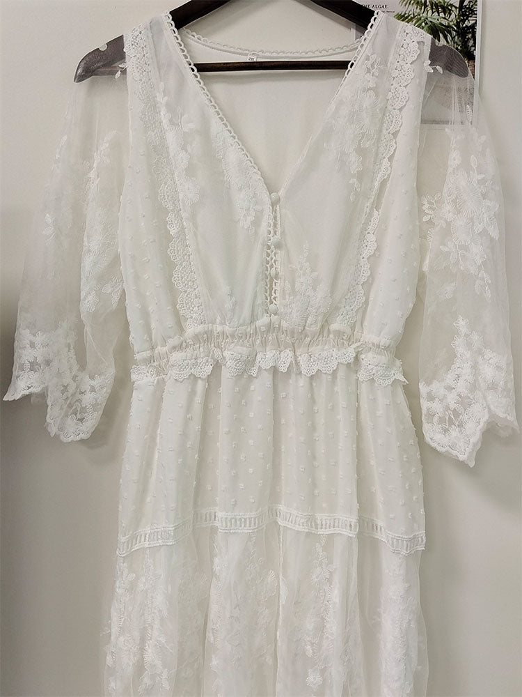 Spitzen Maxikleid Halbtransparent Cross Durchsichtig