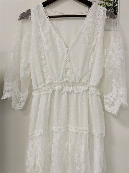 Spitzen Maxikleid Halbtransparent Cross Durchsichtig