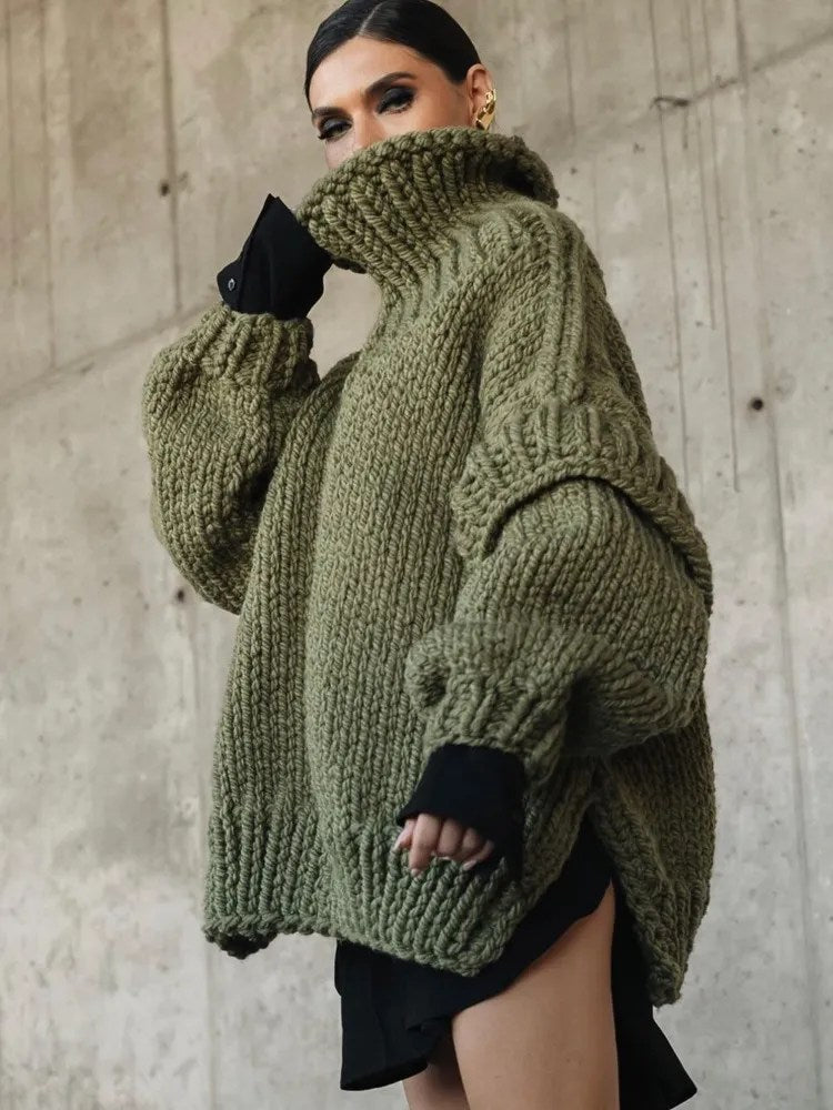 Damen Strickpullover Oversize Rollkragen Grobstrick