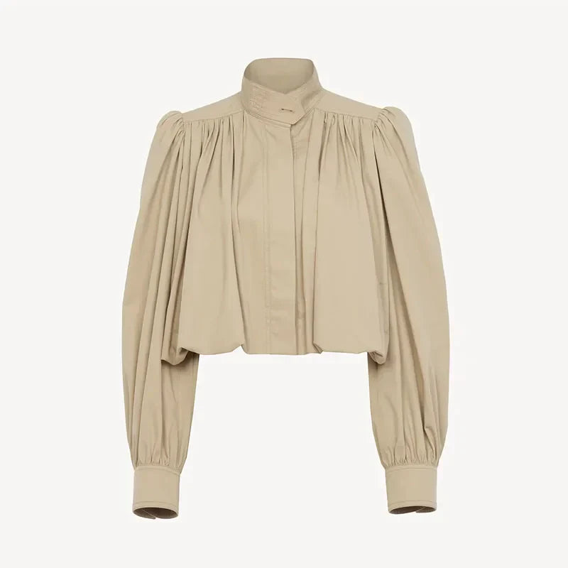 Damen Bomberjacke mit Puffärmeln beige cropped fit
