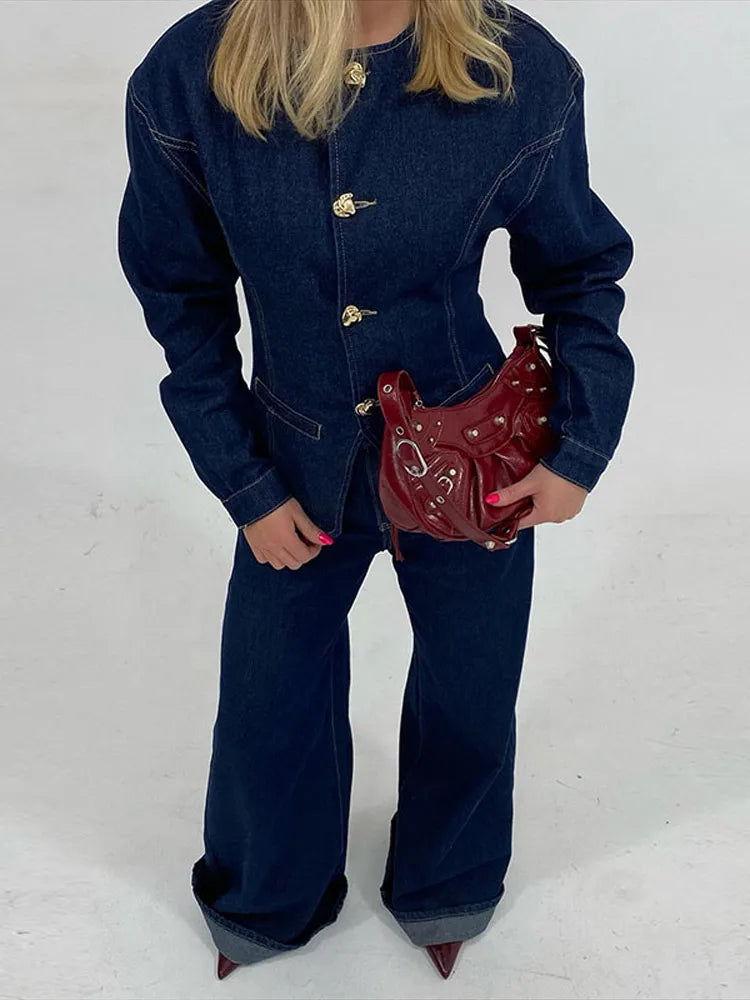 Damen Jeans Set - Elegante Taillierte Jeansjacke und Hohe Hose