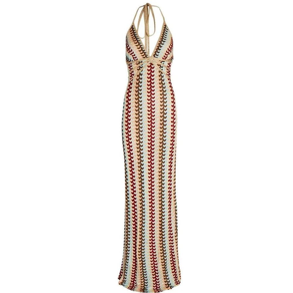 Rückenfreies Maxikleid mit Wellenmuster Sommer Boho Stil