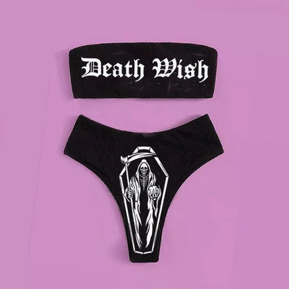Gothic Badeanzug Frauen Totenkopf Druck Bikini Set Schwarz