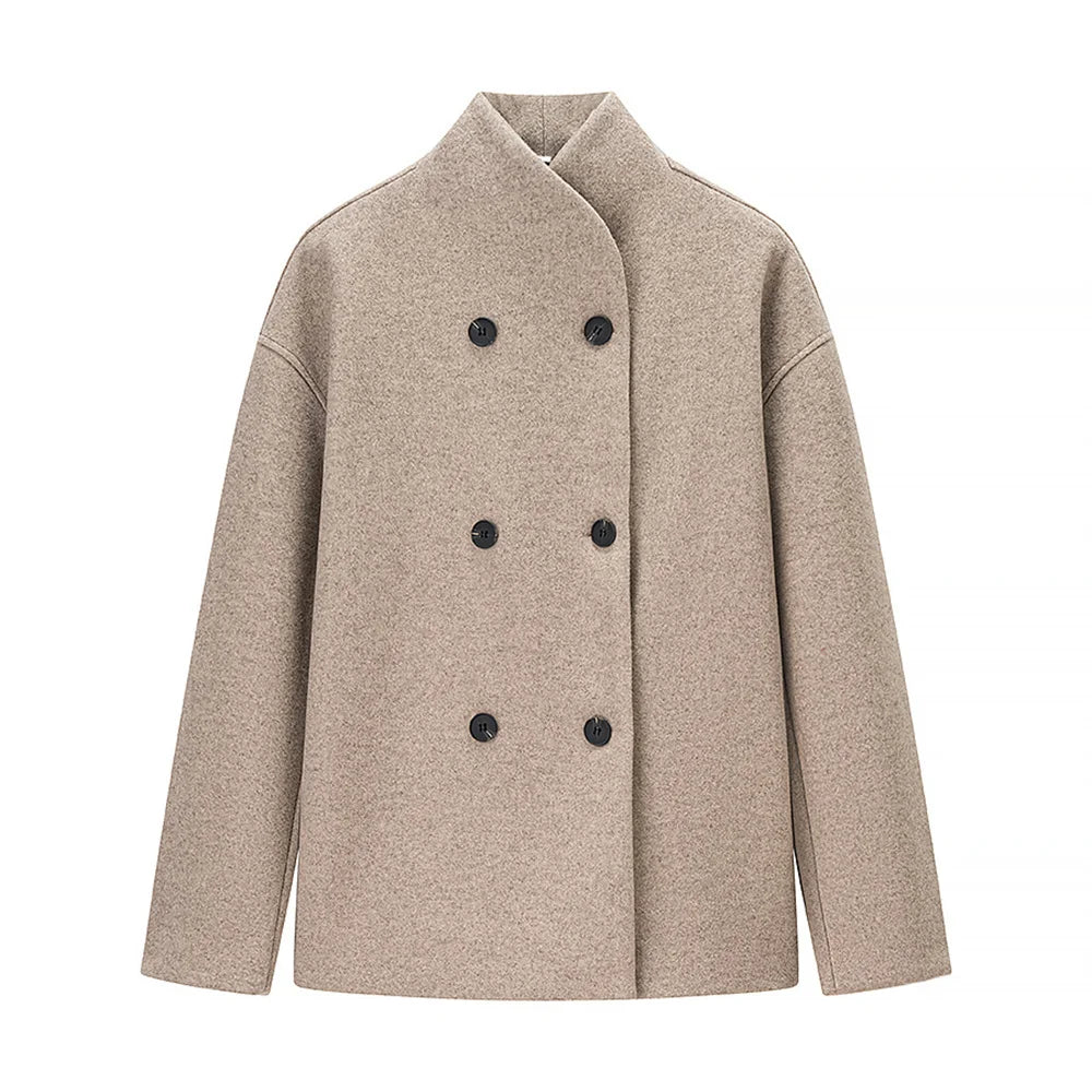 beige oversized double breasted damenjacke mit schwarzen knöpfen