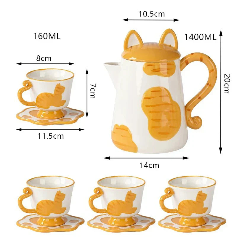 Handgefertigtes Keramik Kaffee- und Teeset Orange Katze Dekor - BerlinGlamour