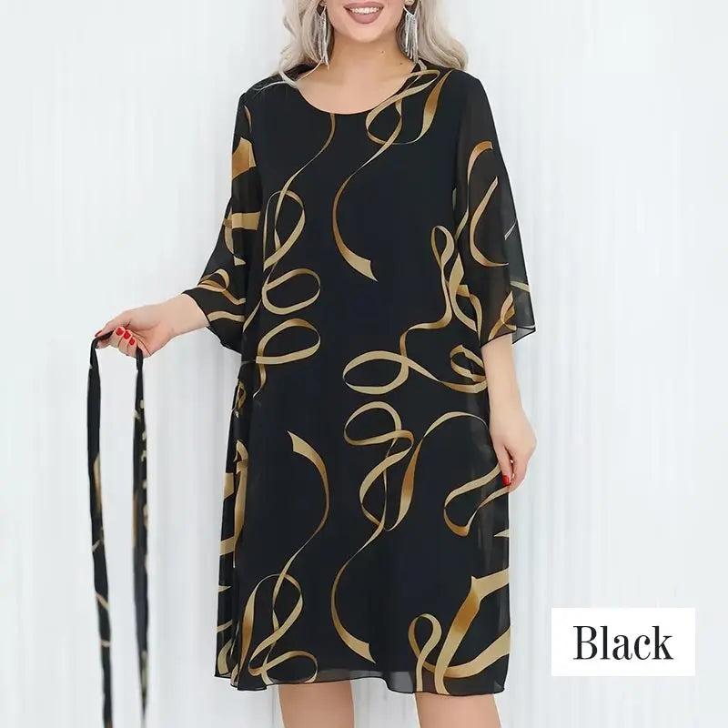 Elegante, loszittende midi jurk voor dames met geprinte, gerimpelde mouwen en ronde hals.