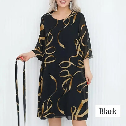 Elegante, loszittende midi jurk voor dames met geprinte, gerimpelde mouwen en ronde hals.