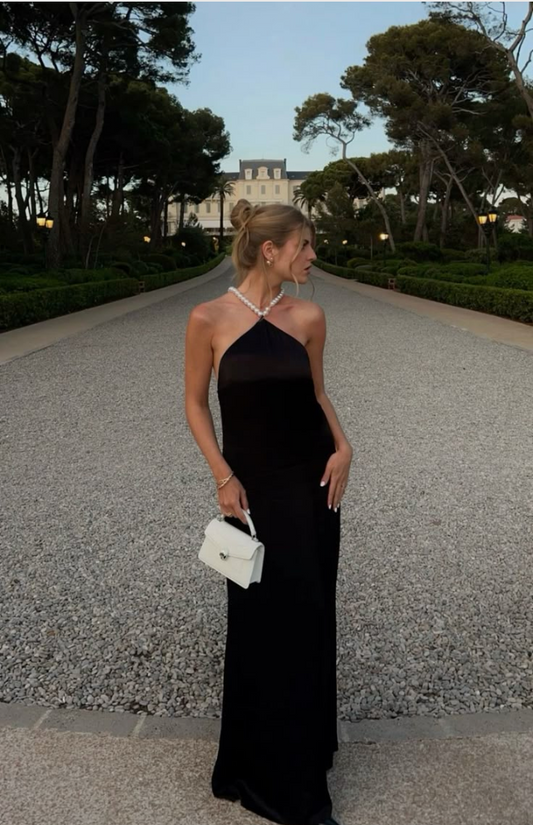 Edles schwarzes Maxikleid mit Perlen-Neckholder für Damen