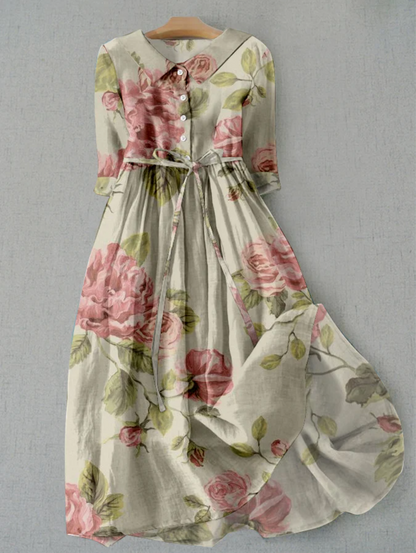 Damenleinenkleid Blumenmuster Sommerknopfleiste