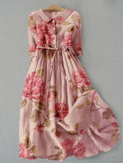 Damenleinenkleid Blumenmuster Sommerknopfleiste