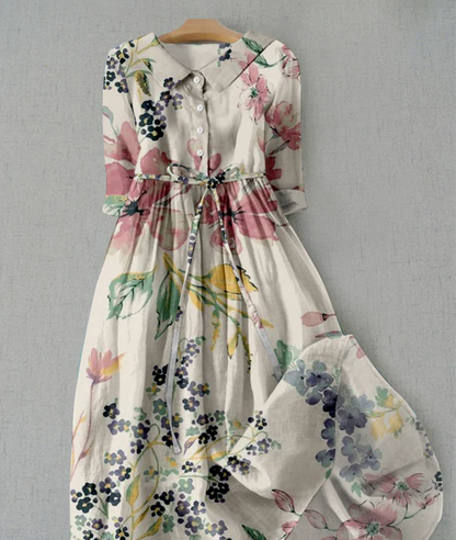 Damenleinenkleid Blumenmuster Sommerknopfleiste