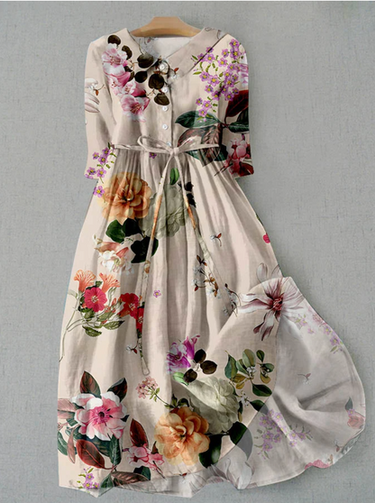 Damenleinenkleid Blumenmuster Sommerknopfleiste