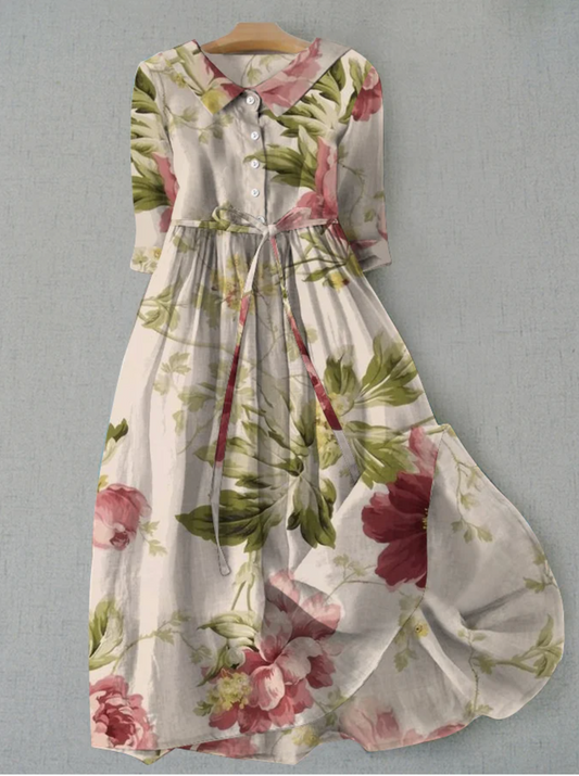 Damenleinenkleid Blumenmuster Sommerknopfleiste - BerlinGlamour