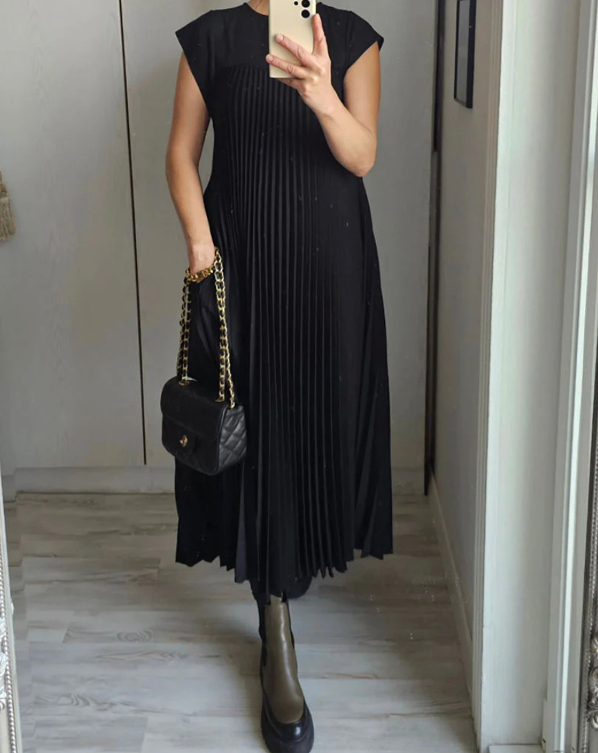 Ärmelloses Midikleid Beige Plissiert Mit Taschen