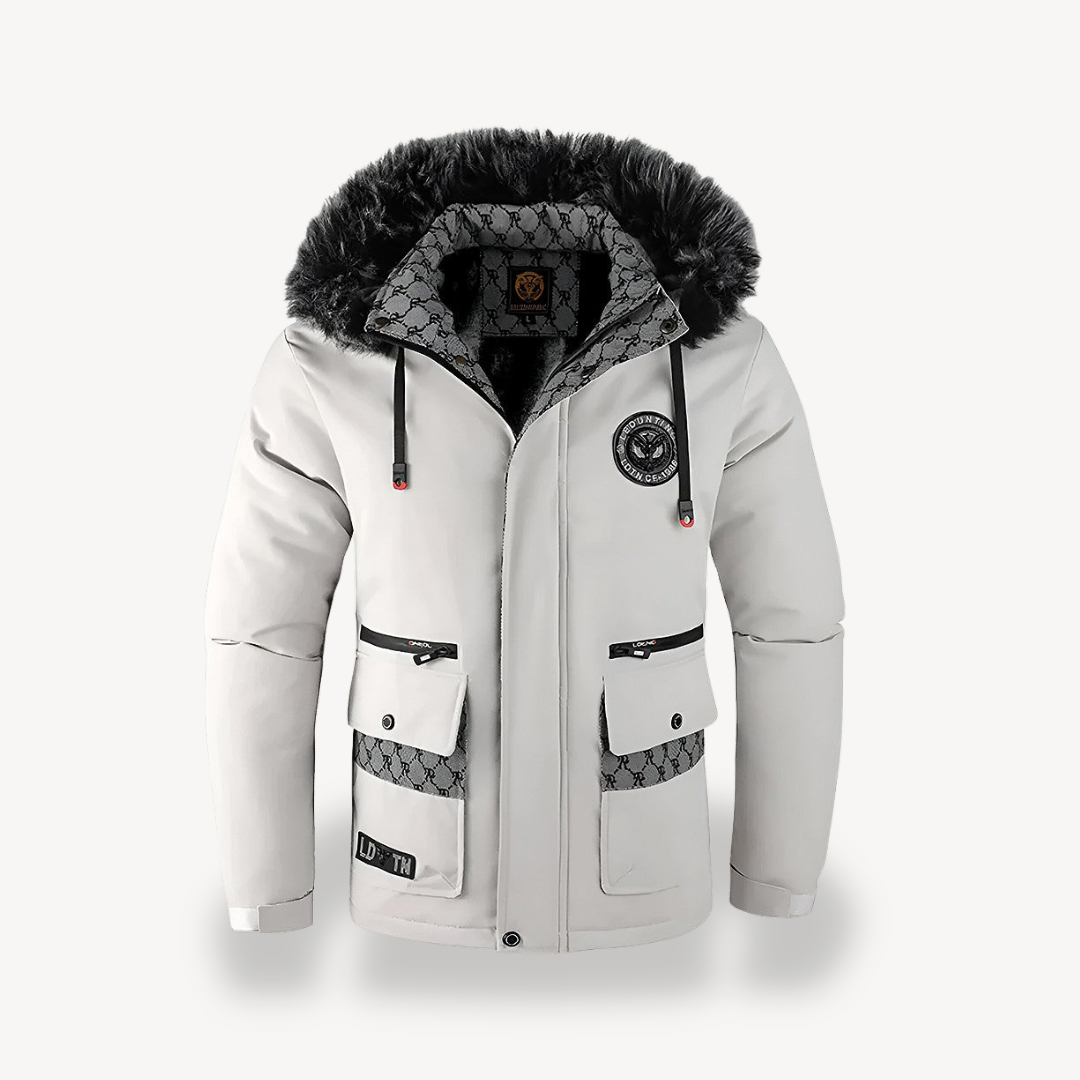 Schwarz-weiße Parkajacke mit Kapuze für Herren | Loravelle 0