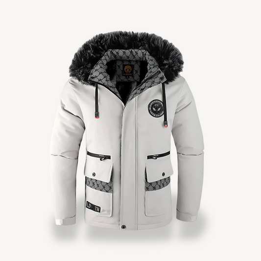Schwarz-weiße Parkajacke mit Kapuze für Herren | Loravelle 0
