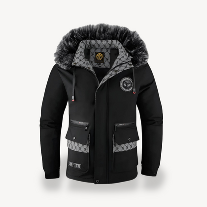 Schwarz-weiße Parkajacke mit Kapuze für Herren | Loravelle 1