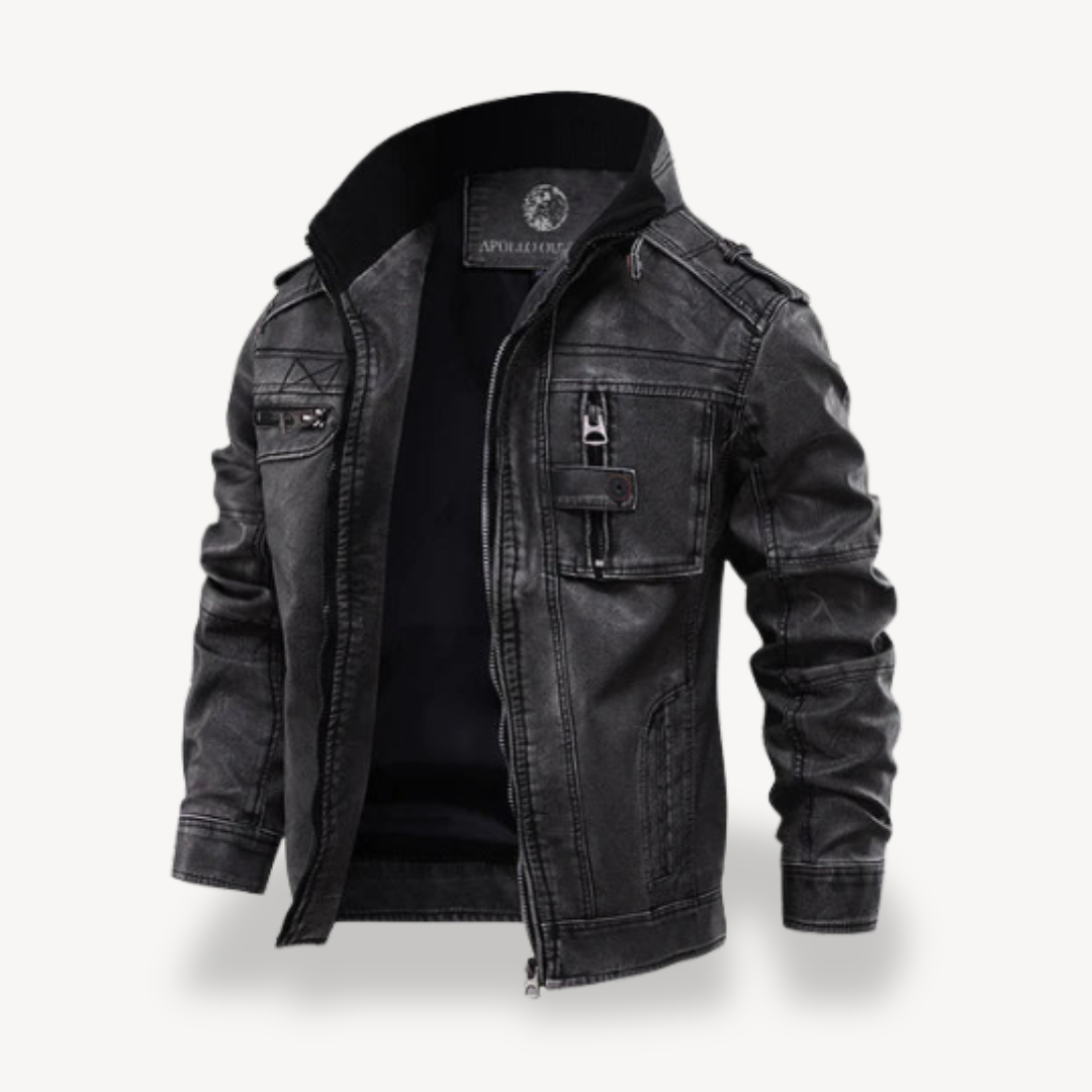 Schwarze Bikerjacke aus Kunstleder für Herren, lässiger Reißverschlussmantel | Loravelle 0