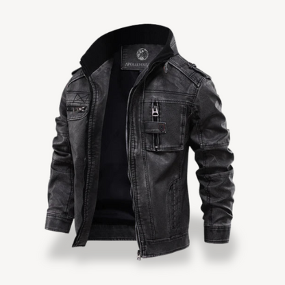 Schwarze Bikerjacke aus Kunstleder für Herren, lässiger Reißverschlussmantel | Loravelle 0