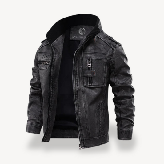 Schwarze Bikerjacke aus Kunstleder für Herren, lässiger Reißverschlussmantel | Loravelle 0