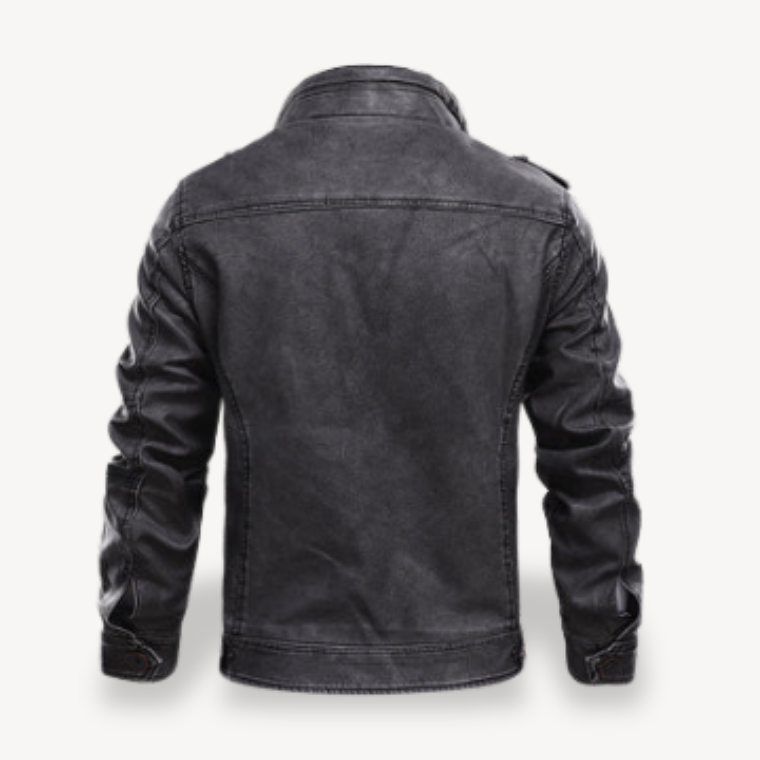 Schwarze Bikerjacke aus Kunstleder für Herren, lässiger Reißverschlussmantel | Loravelle 1