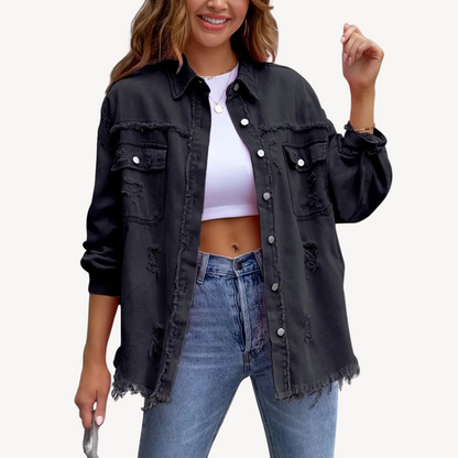 Schwarze Distressed-Jeansjacke mit Knöpfen | Loravelle 0