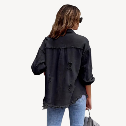Schwarze Distressed-Jeansjacke mit Knöpfen | Loravelle 1
