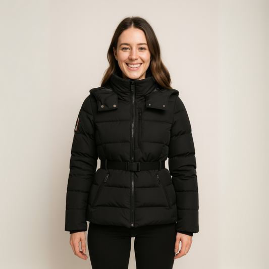 Schwarze Pufferjacke für Damen mit Gürtel in der Taille und hohem Kragen | Loravelle 0