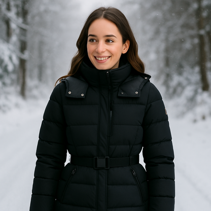 Schwarze Pufferjacke für Damen mit Gürtel in der Taille und hohem Kragen | Loravelle 3