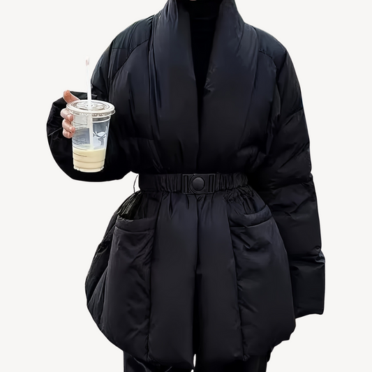 Schwarze Pufferjacke mit Gürtel für Damen – Polyester | Loravelle 0