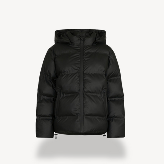 Schwarze Pufferjacke mit Kapuze für Damen, Wintermantel aus Polyester | Loravelle 0
