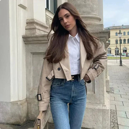Langarmiger Trenchcoat Damen Verstellbarer Gürtel Schwarz