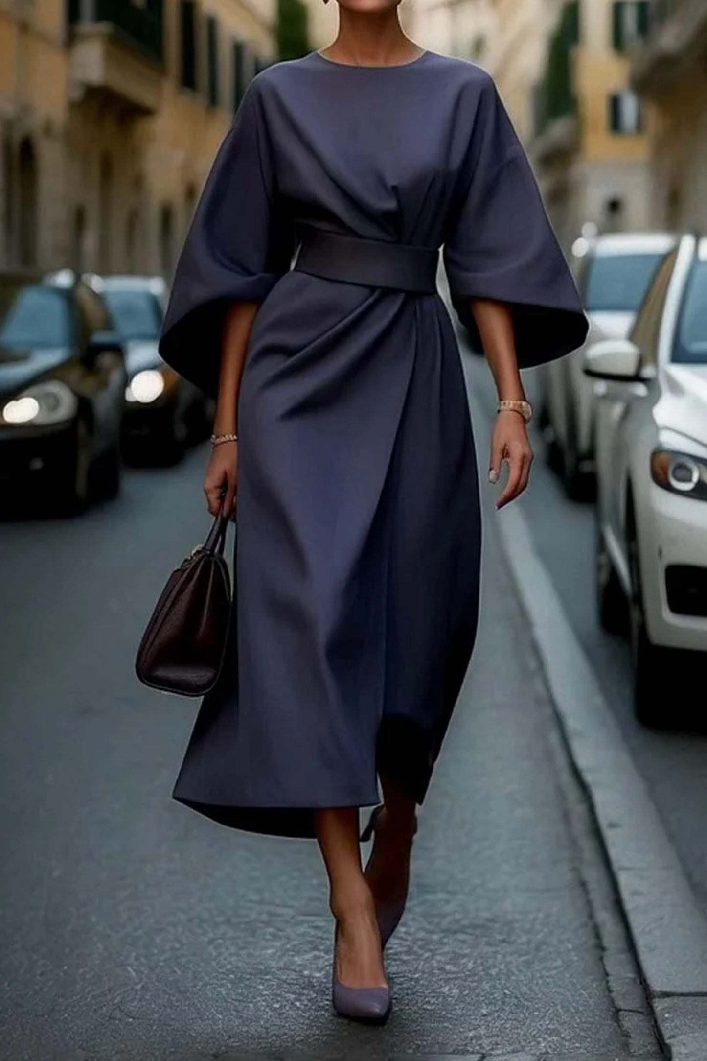 Damen Midikleid mit Taillengürtel Schlicht Elegант