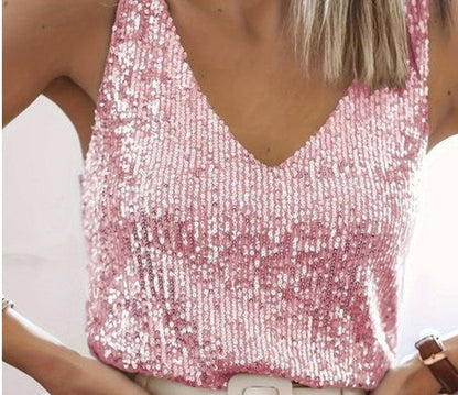 Glamour Top Damen Glitter V-Ausschnitt Ärmellos