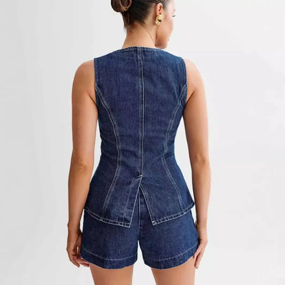 Denim Zweiteiler Set mit Weste und Shorts Sommer