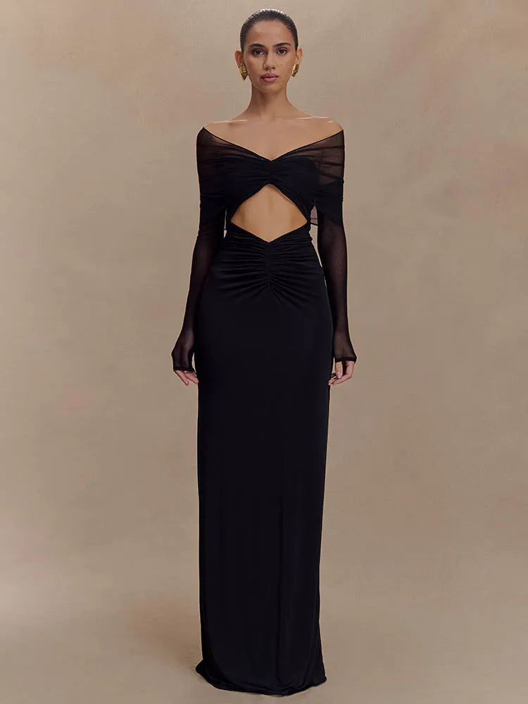 Damen Maxikleid Langärmelig Cut-Out Schulterfrei