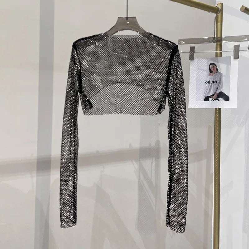 Glitzerndes Langarm Netztop Diamantoptik Elegant