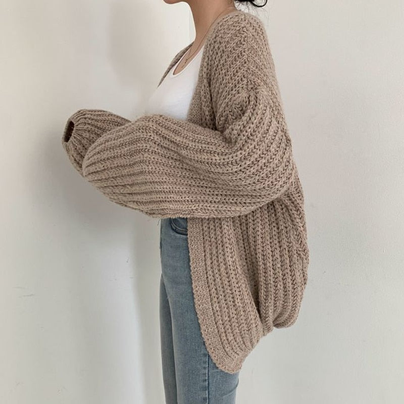 Damen Strickjacke Offen Vorne Grob Gestrickt