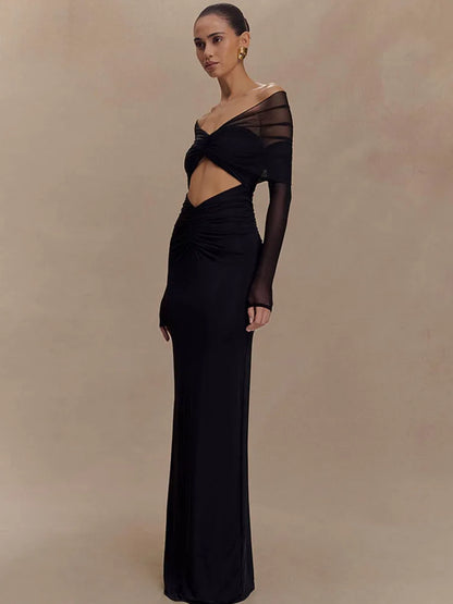 Damen Maxikleid Langärmelig Cut-Out Schulterfrei