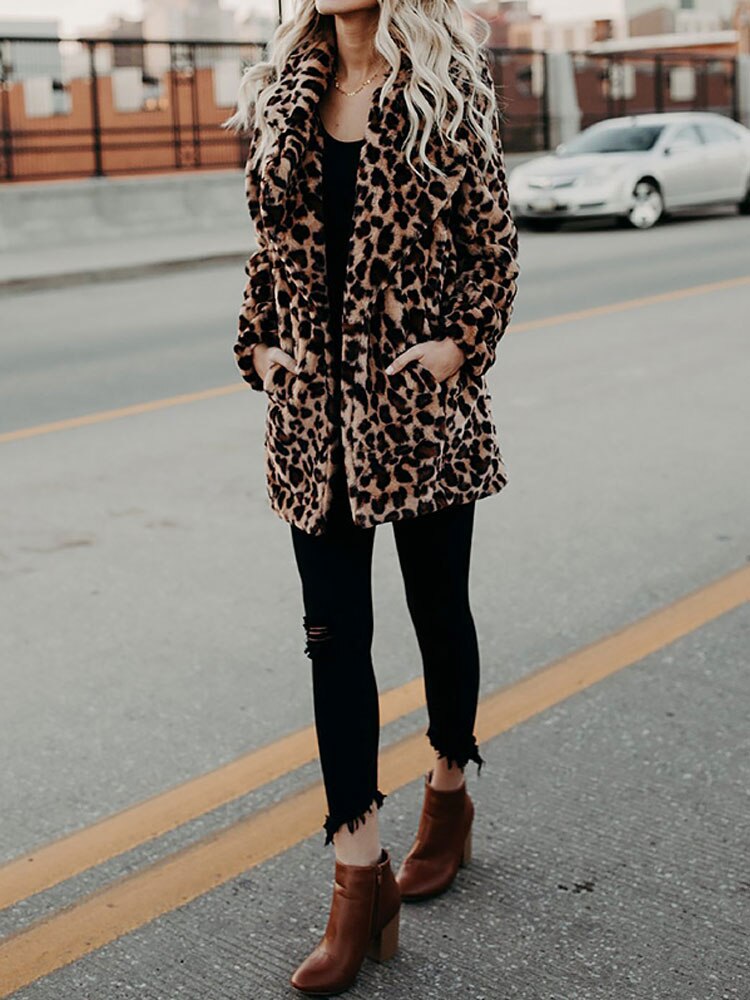 Leopardenjacke Faux Fell Beige Winterjacke Damen
