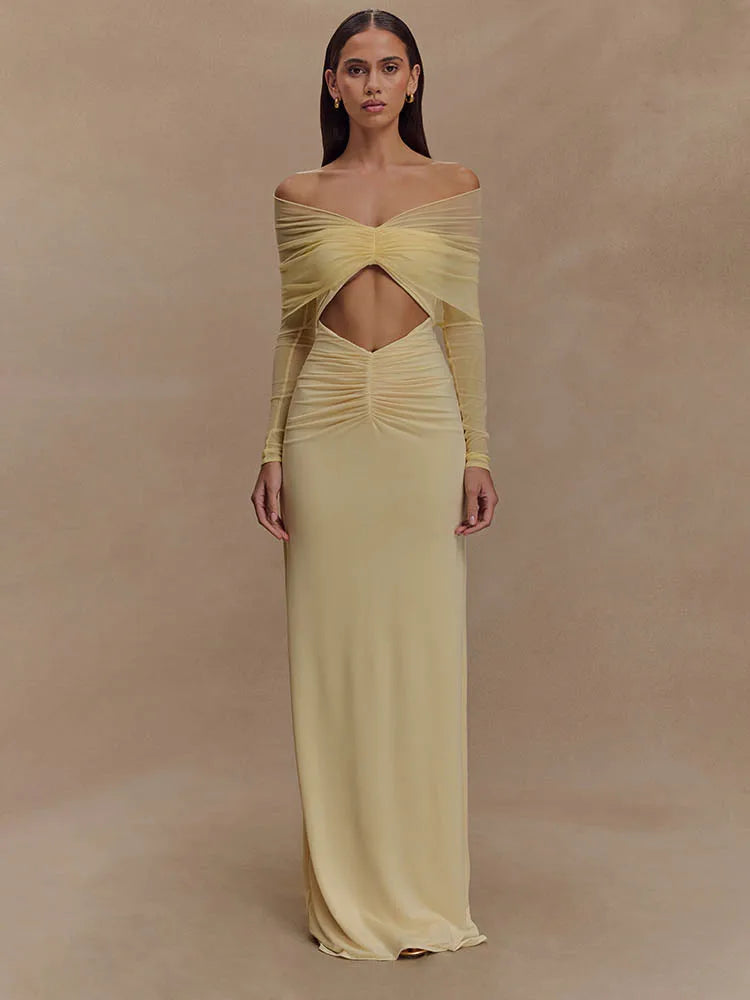 Damen Maxikleid Langärmelig Cut-Out Schulterfrei - BerlinGlamour