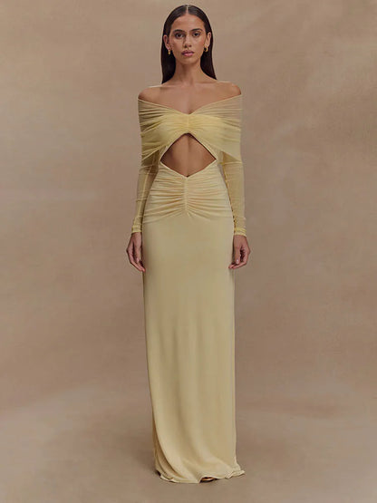 Damen Maxikleid Langärmelig Cut-Out Schulterfrei - BerlinGlamour